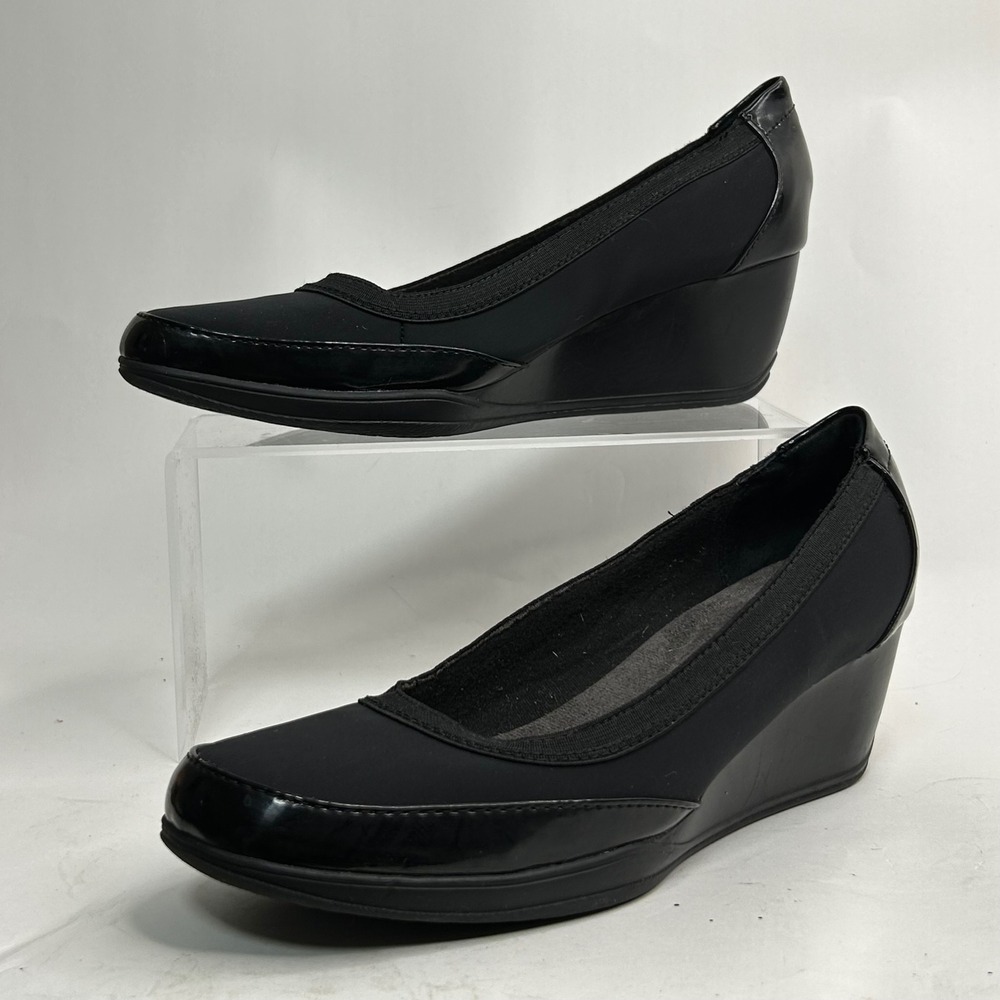 Clarks Bendables Womens Black Textile Patent Wedge Pumps 67116 Size 8.5M Comfort - Picture 2 of 8